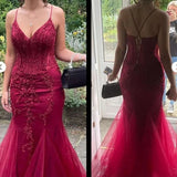 Mermaid V Neck Tulle Burgundy Prom Dress With Lace Formal Evening Dresses HZ0311