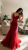 Mermaid V Neck Tulle Burgundy Prom Dress With Lace Formal Evening Dresses HZ0311