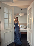 Whimsical Mermaid Spagehtti Strap Long Prom Dress Glitter Navy Blue Long Formal Birthday Dresses HZ0311