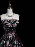 Whimsical Ball Gown Strapless Black Floral Sequin Pleated Bodice Long Prom Dresses Night Formal Dress HZ0311