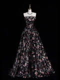 Whimsical Ball Gown Strapless Black Floral Sequin Pleated Bodice Long Prom Dresses Night Formal Dress HZ0311