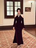 Sexy Mermaid Jewel Neck Burgundy Velvet Long Sleeves Ankle Length Prom Dresses Wedding Guest Dress 22th Birthday Outfits HZ0311