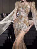 Luxurious Wedding Dresses Mermaid Scoop Neck Long Sleeves Gold With Sleeves Cape Sequins Brides Dress For Fitted Bridal Gowns HZ0311
