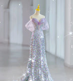Modest Mermaid Off The Shoulder Lilac Sequins Prom Dresses Inspiration Long Party Night Evening Dress 19th Birthday Outfits HZ0311