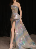 Sparkly Ball Gown Strapless Sequins With Slit Colorful Prom Dresses Inspiration Long Party Night Gowns 20th Birthday Outfits HZ0311