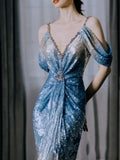 Modest Mermaid V Neck Ombre Blue Sequins With Pleated Prom Dresses Inspiration Long Party Evening Dress 19th Birthday Outfits HZ0311