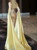 Modest Mermaid Strapless Gold Long Sleeves Slit Sequins Prom Dresses Inspiration Long Party Evening Dress 21st Birthday Outfits HZ0311