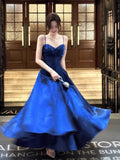 Sexy A line Spaghetti Straps Royal Blue Satin Long Prom Dresses Wedding Guest Dress 20th Birthday Outfits HZ0311