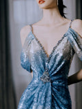 Modest Mermaid V Neck Ombre Blue Sequins With Pleated Prom Dresses Inspiration Long Party Evening Dress 19th Birthday Outfits HZ0311