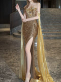 Modest Mermaid Strapless Gold Long Sleeves Slit Sequins Prom Dresses Inspiration Long Party Evening Dress 21st Birthday Outfits HZ0311