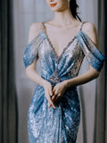 Modest Mermaid V Neck Ombre Blue Sequins With Pleated Prom Dresses Inspiration Long Party Evening Dress 19th Birthday Outfits HZ0311
