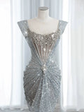Modest Mermaid Square Neck Sequins With Beaded Silver Gray Prom Dresses Inspiration Long Party Evening Dress 19th Birthday Outfits HZ0311