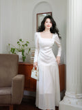 Simple A Line Square Neck Drop Waist White Chiffon Mid Length Prom Dress Aesthetic Graduation Evening Outfits HZ0311