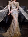 Luxurious Wedding Dresses Mermaid Scoop Neck Long Sleeves Gold With Sleeves Cape Sequins Brides Dress For Fitted Bridal Gowns HZ0311
