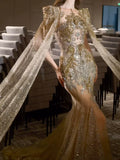 Luxurious Wedding Dresses Mermaid Scoop Neck Long Sleeves Gold With Sleeves Cape Sequins Brides Dress For Fitted Bridal Gowns HZ0311