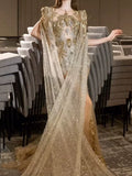 Luxurious Wedding Dresses Mermaid Scoop Neck Long Sleeves Gold With Sleeves Cape Sequins Brides Dress For Fitted Bridal Gowns HZ0311