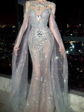 Sparkly Wedding Dresses Mermaid Scoop Neck With Long Sleeves Cape Silver Gray Sequins Brides Dress For Brides Fitted Bridal Gown HZ0311