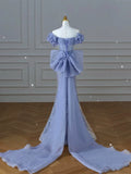 Modest Prom Dresses Aesthetic Mermaid Off The Shoulder Blue Inspiration Style Impress With Short Sleeves Long Party Formal Gown HZ0311