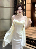 Sexy Mermaid Spaghetti Straps White Satin Ankle Length Prom Dresses Wedding Guest Dress 20th Birthday Outfits HZ0311