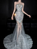 Luxurious Wedding Dresses Mermaid Scoop Neck With Beads Gem Silver Gray Sequins Brides Dress For Brides Fitted Bridal Gown HZ0311