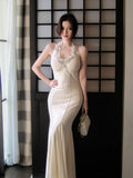 Modest Mermaid Halter Ivory Lace Prom Dresses Wedding Guest Gown 18th Nigh Party Birthday Outfits HZ0311