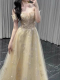 Unique A line Off The Shoulder Gold With Short Sleeves Prom Dresses Inspiration Party Night Gowns 20th Birthday Outfits HZ0311