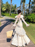 Elegant Mermaid Square Neck Floral Chiffon Blue Long Sleeves Prom Dresses 16th Nigh Party Birthday Outfits HZ0311