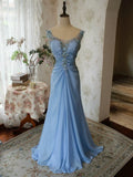 Vintage 90s Mermaid V Neck Chiffon Blue Long Prom Dresses Inspiration Party Retro Evening Dress 21st Birthday Outfits HZ0311