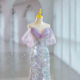 Modest Mermaid Off The Shoulder Lilac Sequins Prom Dresses Inspiration Long Party Night Evening Dress 19th Birthday Outfits HZ0311
