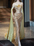 Modest Mermaid Strapless Gold Long Sleeves Slit Sequins Prom Dresses Inspiration Long Party Evening Dress 21st Birthday Outfits HZ0311