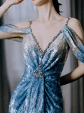 Modest Mermaid V Neck Ombre Blue Sequins With Pleated Prom Dresses Inspiration Long Party Evening Dress 19th Birthday Outfits HZ0311