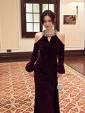 Sexy Mermaid Jewel Neck Burgundy Velvet Long Sleeves Ankle Length Prom Dresses Wedding Guest Dress 22th Birthday Outfits HZ0311