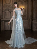 Sparkly Mermaid Strapless Light Sky Blue Sequins Prom Dresses Inspiration Long Party Night Evening Gowns 19th Birthday Outfits HZ0311