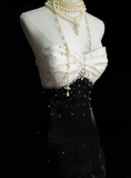 Chic Formal Mermaid Spaghetti Strap White Tops Black Skirt Satin With Beads Style Impress Long Prom Dresses Party Gowns HZ0311