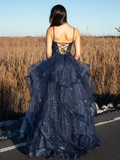 Chic Ball Gown Spaghetti Straps Navy Blue Tulle Long Prom Dresses Inspiration Party Dress Prom Gowns HZ0311