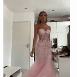 Mermaid Sweetheart Sleeveless Tulle Pink Long formal dresses HZ0311