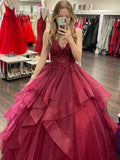 Classy Ball Gown Spaghetti Straps Burgundy Tulle Long Prom Dresses Inspiration Party Dress Prom Gowns HZ0311