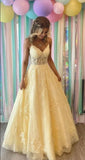 Beautiful Ball Gown Spaghetti Straps Yellow Lace Tulle Long Prom Dresses Inspiration Party Dress Prom Gowns HZ0311