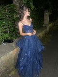Chic Ball Gown Spaghetti Straps Navy Blue Tulle Long Prom Dresses Inspiration Party Dress Prom Gowns HZ0311