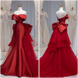Charming Mermaid Off The Shoulder Red Satin Prom Dresses Long Party Dress 21st Birthday Outfits Graduation Dress HZ0311