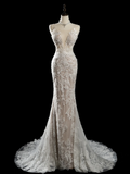 Vintage Mermaid Spaghetti Strap Sleeveless Sequin Lace Fitted Beaded Long Wedding Dress Bride Gown Wedding Dresses HZ0311