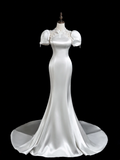 Vintage Mermaid High Neck Short Sleeves Satin Fitted Long Wedding Dress Bride Gown Wedding Dresses HZ0311