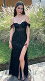 Pretty Mermaid Off The Shoulder Black Sequin Slit Prom Dresses Formal Dress Party Outfits Prom Gown HZ0311