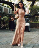 Sexy Mermaid Spaghetti Straps Gold Slit Long Prom Dresses Inspiration Formal Gown HZ0311