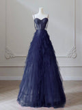 A-Line Sweetheart Neck Tulle Dark Blue Long Prom Dress, Dark Blue Long Graduation Dress With Beads HZ0311