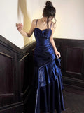 Elegant Mermaid Spaghetti Strap Long Satin Pleated Ruffles Royal Blue Prom Dresses Vestidos De Dia HZ0311