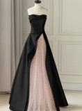 Charming A line Strapless Black Satin Pink Tulle Prom Dresses Vestidos De Dia HZ0311