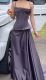 Vintage A Line Spaghetti Strap Grape Satin With Pleated Formal Gowns Evening Maxi Prom Dress Aesthetic For Women Party Outfits HZ0311