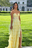 A line Sweetheart Pale Yellow Chiffon Flowy Ruffle Long Formal Gowns Prom Dresses Evening Dress HZ0311