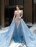 Sparkly Mermaid Scoop Neck Blue Tulle Sequin For Women Party Dresses Long Formal Prom Dresses 22th Birthday Gown HZ0311